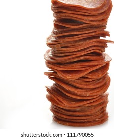 A Stack Of Pepperoni Slices On White Background