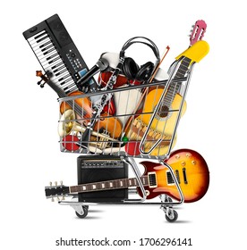 stack pile collage of various musical instruments in shopping cart. Electric guitar violin piano keyboard bongo  tamburin harmonica trumpet. store online shop studio music concept isolated background - Powered by Shutterstock