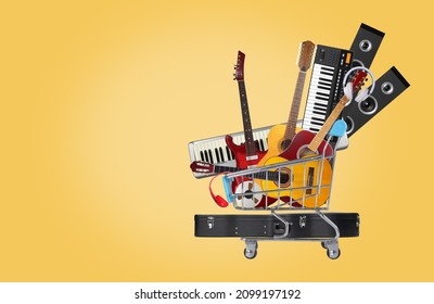 Stack pile collage of various musical instruments in shopping cart. Electric, acoustic and classic guitars, midi piano keyboard.. Store online shop studio music concept yellow background.