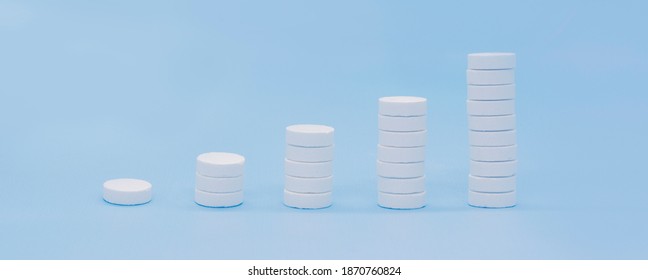 A stack of pills on a blue background. Growth graph made of stacked white pills - growing market and increasing demand for white pill and it's substitutes.