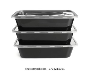 Stack of plastic containers for food isolated on white background, closeup