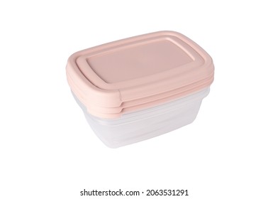 Stack Of Plastic Food Storage Containers With Pink Lid Isolated On White Background. Food Box For Lunch. Close Up