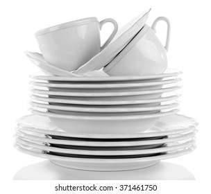 Stack Of Plates And Cups, Isolated On White