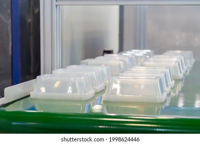 Stack Of Polypropylene Food Containers On Conveyor Belt Of Automatic Plastic Injection Molding Machine At Exhibition, Factory. Industry, Manufacturing, Automated Technology Concept