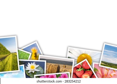 Stack of printed pictures collage with copy space for your text or photo