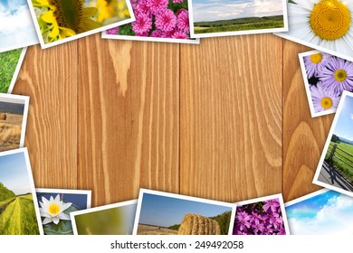 Stack of printed pictures collage on wooden table with copy space for your text or photo