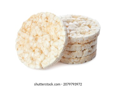 Stack Of Puffed Rice Cakes Isolated On White Background. Healthy Crunchy Snack. Wholegrain Crisp Bread 