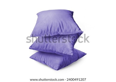 Stack of purple pillows isolated on white background. Pile of  decorative cushions for sleeping and resting, home interior, house decor.