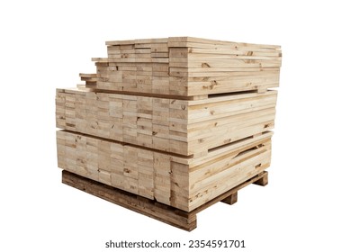 Stack of raw wood isolated on white background with clipping path, Lumber warehouse storage wooden. Timber goods storehouse. wood import-export industry.
