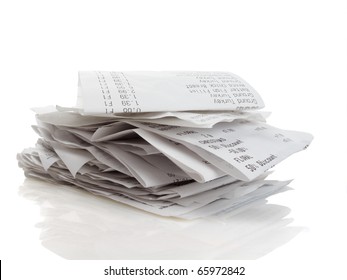 Stack Of Receipts Piled High On White Background