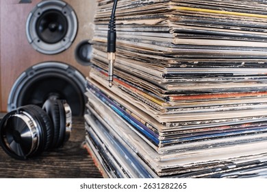 Stack of Records and Headphones. Close-up.