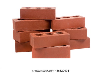 A Stack Of Red Bricks On A White Background With A Pointing Trowel