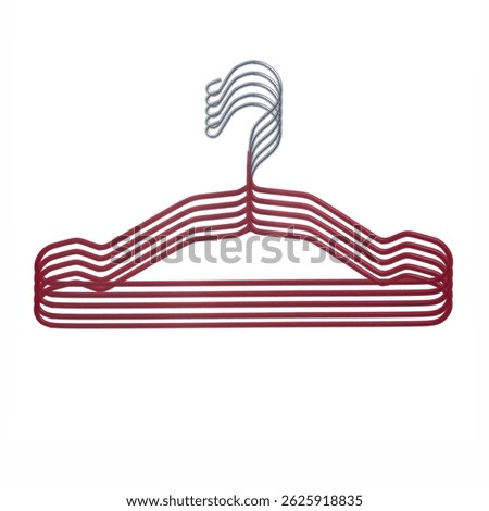  Stack of red clothes hangers with silver-toned metal hooks, isolated on a white background.Several sturdy clothes hangers with a red plastic or rubberized coating and durable metal hooks.