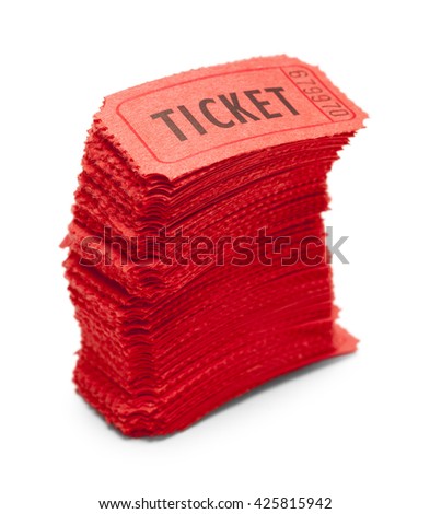 Stack of Red Tickets Tipping Over Isolated on White Background.