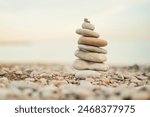 A stack of rocks on a beach. The rocks are of different sizes and are piled on top of each other. The scene is peaceful and serene, with the ocean in the background
