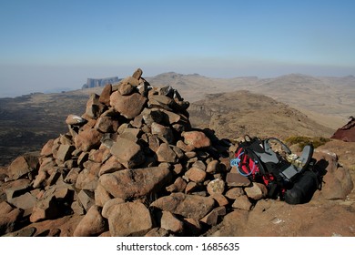 Stack of rocks on the summit of a peak