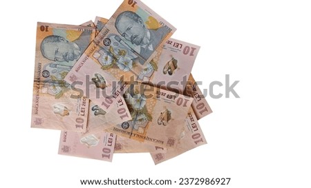 Stack of romanian polymer banknotes, romanian RON currency on white background