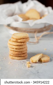 Stack Of Round Shortbread Biscuit Cookies With Crumbs.