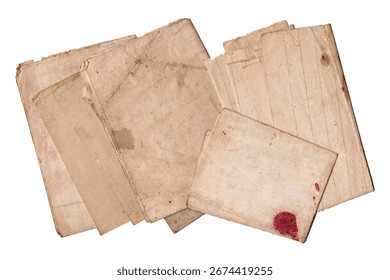 Stack of Rustic Old Vintage Papers. Antique Document Paper. Aged Folded Documents and Notebook Pages Pile Isolated on White Background, Top View