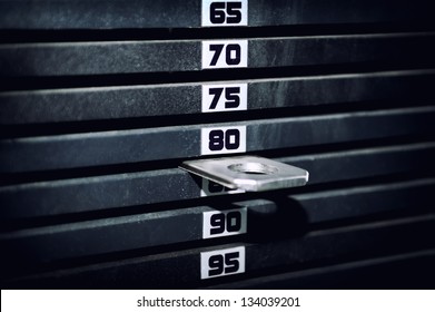 Stack Of Rusty Metal Weights In Gym Bodybuilding Equipment