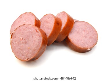 Stack salami on a white background