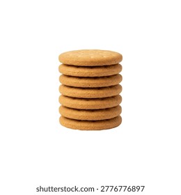 A stack of seven round digestive biscuits isolated on white.