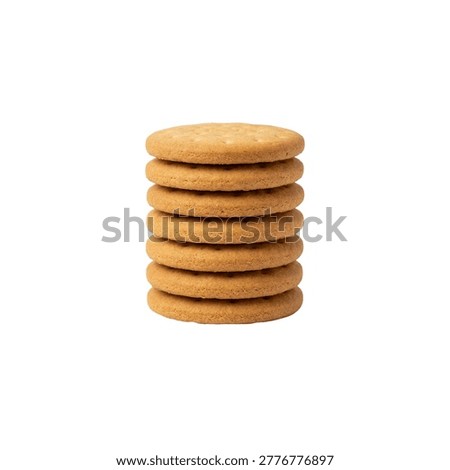 A stack of seven round digestive biscuits isolated on white.