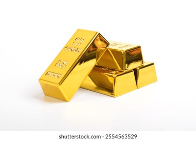 Stack of shiny gold bars isolated on white background