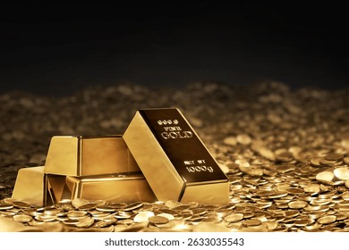 Stack of shiny gold bars with pile of golden coin