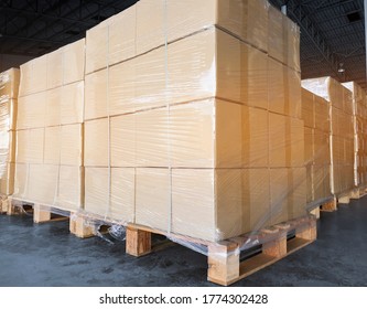 Stack of shipment boxes on wooden pallet. Cargo & shipping warehouse, Logistics and transportation.