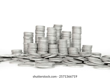 Stack of silver coins on white background