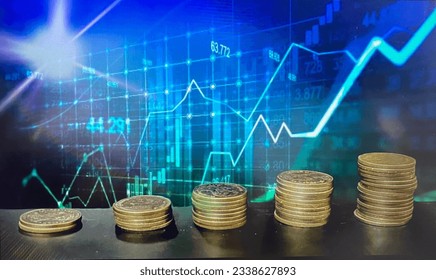 stack of silver coins with trading chart in financial concept and stock growth financial investment business