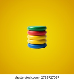 A stack of six colored pencils with sharpened tips is arranged vertically on a bright yellow background. The pencils feature a mix of vibrant colors, creating a visually appealing contrast against the yellow. The sharpened tips add a dynamic suggesting the pencils are ready for use in artistic or creative projects.