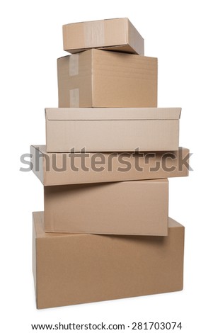 Stack of six parcels in different sizes isolated on white background