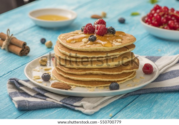 Stack Small Pancakes Berries Honey Stock Photo 550700779 | Shutterstock