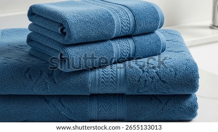 Stack of soft blue bath towels folded neatly on white bathroom surface