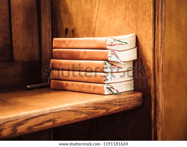 Stack Songbooks On Wooden Bench Church Stock Photo Edit Now