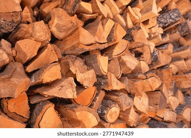 Stack of split firewood logs arranged neatly