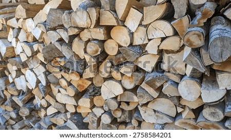 Stack of split firewood neatly piled in outdoor storage.