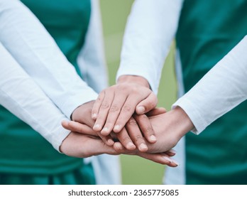 Stack, sports or hands of team in huddle with support, solidarity or plan for a hockey training game. Group, turf closeup or athletes in practice for fitness exercise or match together for teamwork - Powered by Shutterstock