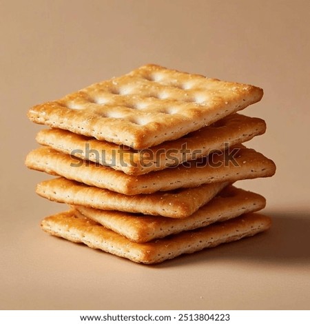 A stack of square crackers . The crackers have a crisp, slightly flaky texture with small perforations on the top surface. The surface of the crackers has a light sheen. they may be slightly buttered.