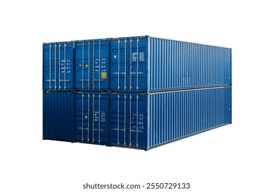 Stack of standard blue cargo containers isolated on white background, modern industrial shipping equipment