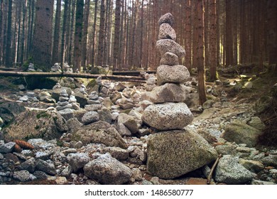 Stack Of Stones. Rocks In Equilibrium In Temperate Coniferous Forest