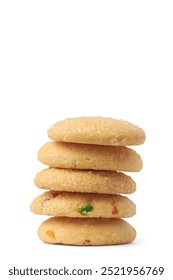 stack of sugar cookies isolated white background, baked sweet biscuits with crisp texture and buttery flavor