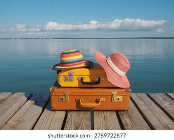 a stack of suitcases with hats on top sitting on a wooden dock by a body of water