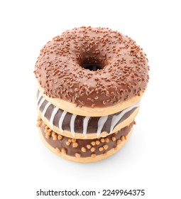 Stack of sweet donuts on white background