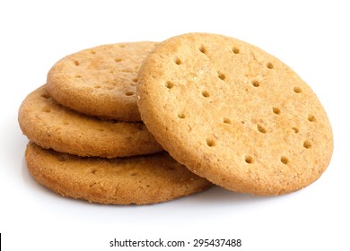 Stack of sweetmeal digestive biscuits isolated on white. - Shutterstock ID 295437488