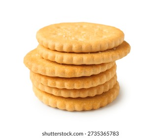 Stack of tasty crackers isolated on white background, closeup