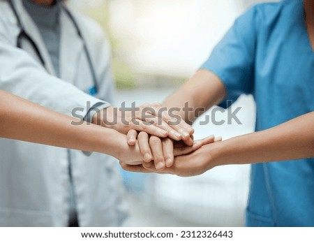 Stack, teamwork or hands of doctors with collaboration for healthcare goals in meeting or community. Closeup, team building or medical nurses with group support, motivation or mission in hospital