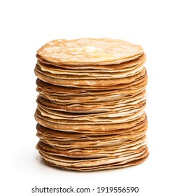 Stack  of thin pancakes isolated on white 